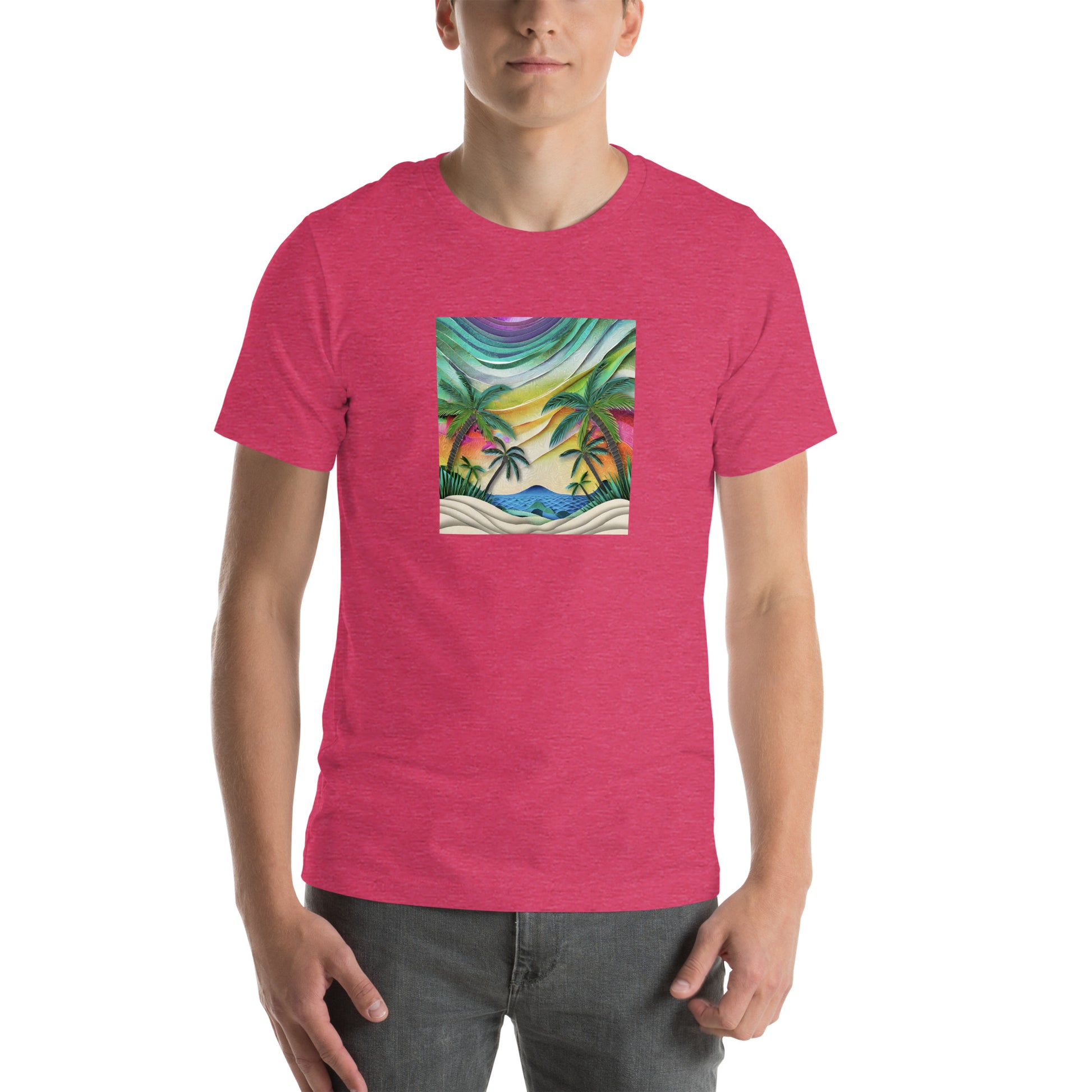 Image of a raspberry color t-shirt with a stylized AI-generated beach scene design.