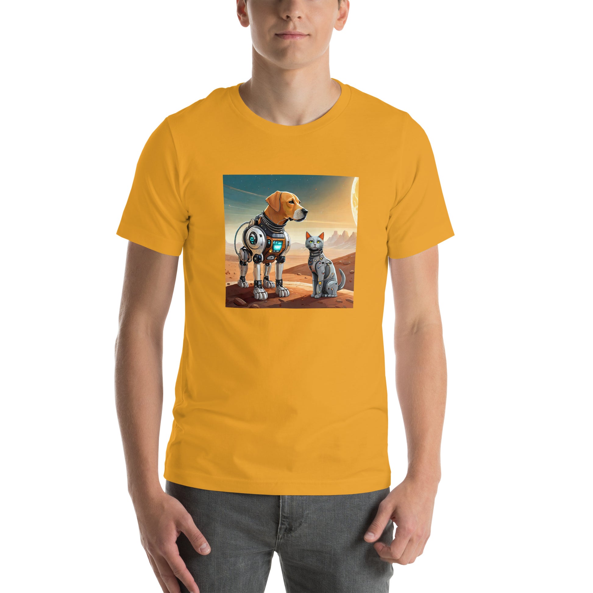 Image of a mustard color t-shirt with a stylized AI-generated alien planet robotic pets scene design.