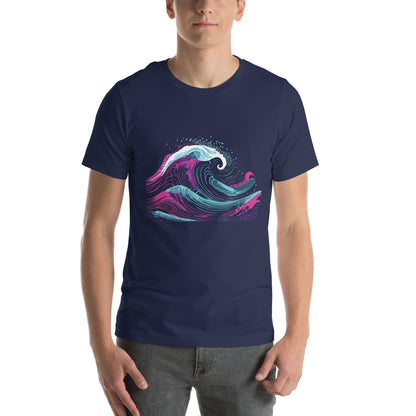 Image of a navy color t-shirt with a stylized AI-generated ocean wave design.