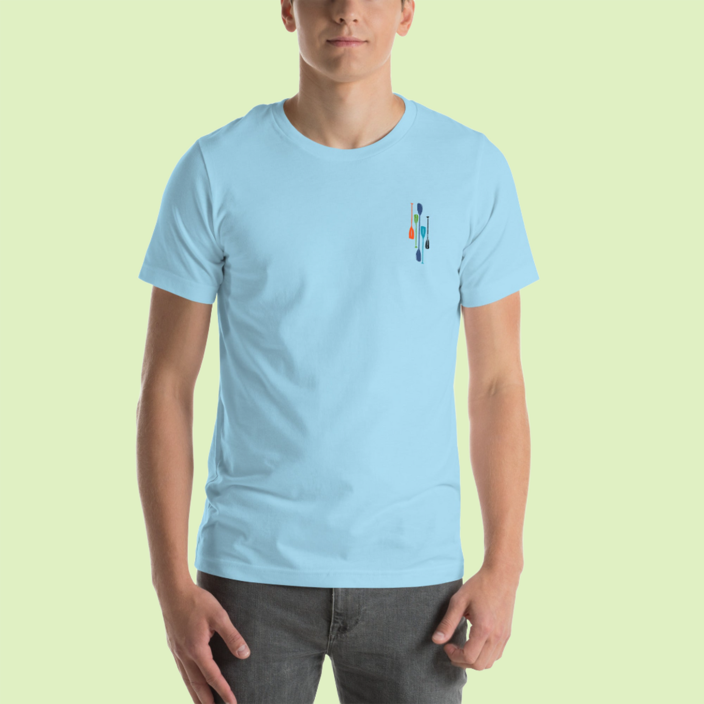 Image of an ocean blue color t-shirt with paddles design.