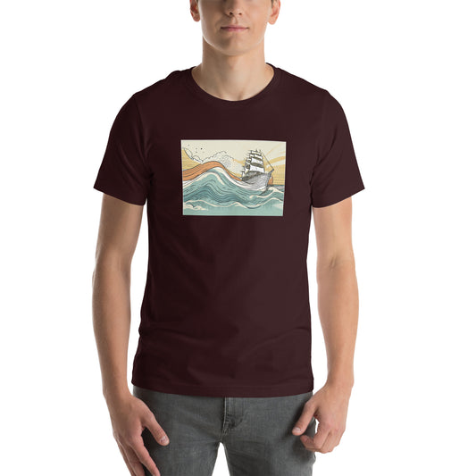 Image of a oxblood color t-shirt with a stylized AI-generated vintage boat in ocean scene design.