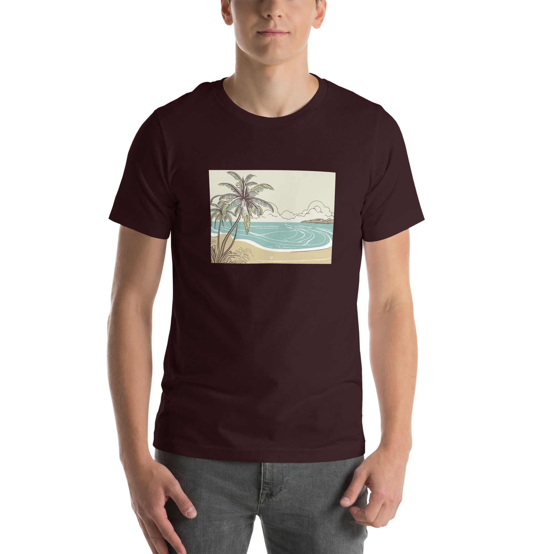 Image of a oxblood color t-shirt with a stylized AI-generated beach scene design.