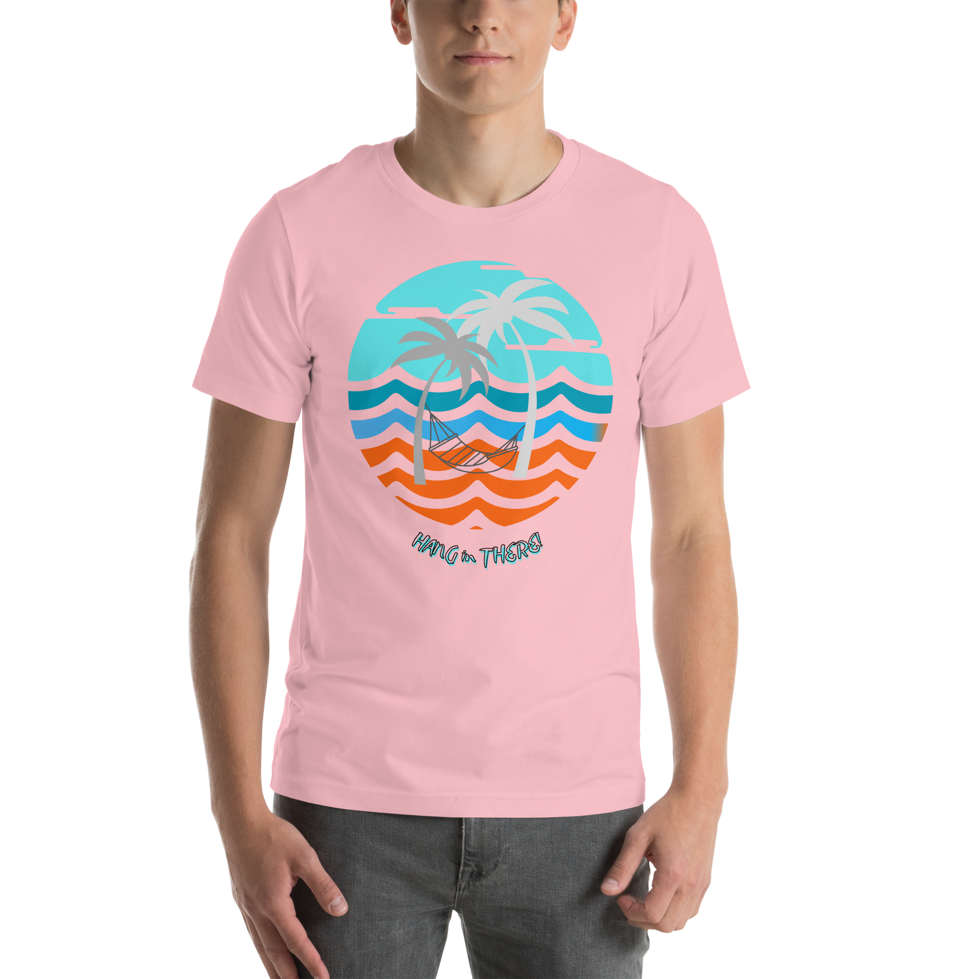 Image of a pink t-shirt with a hammock and palm trees in front of ocean waves design and the words "Hang in there".