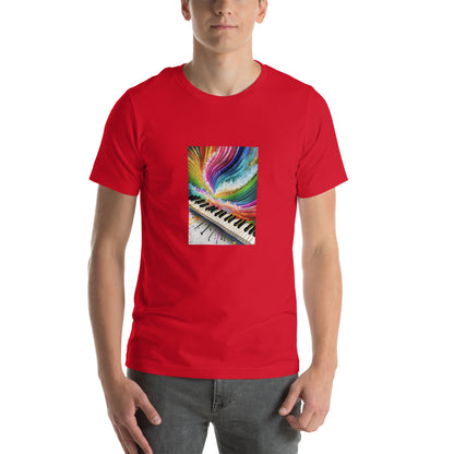 Image of a red t-shirt with an AI-generated colorful piano keys design.