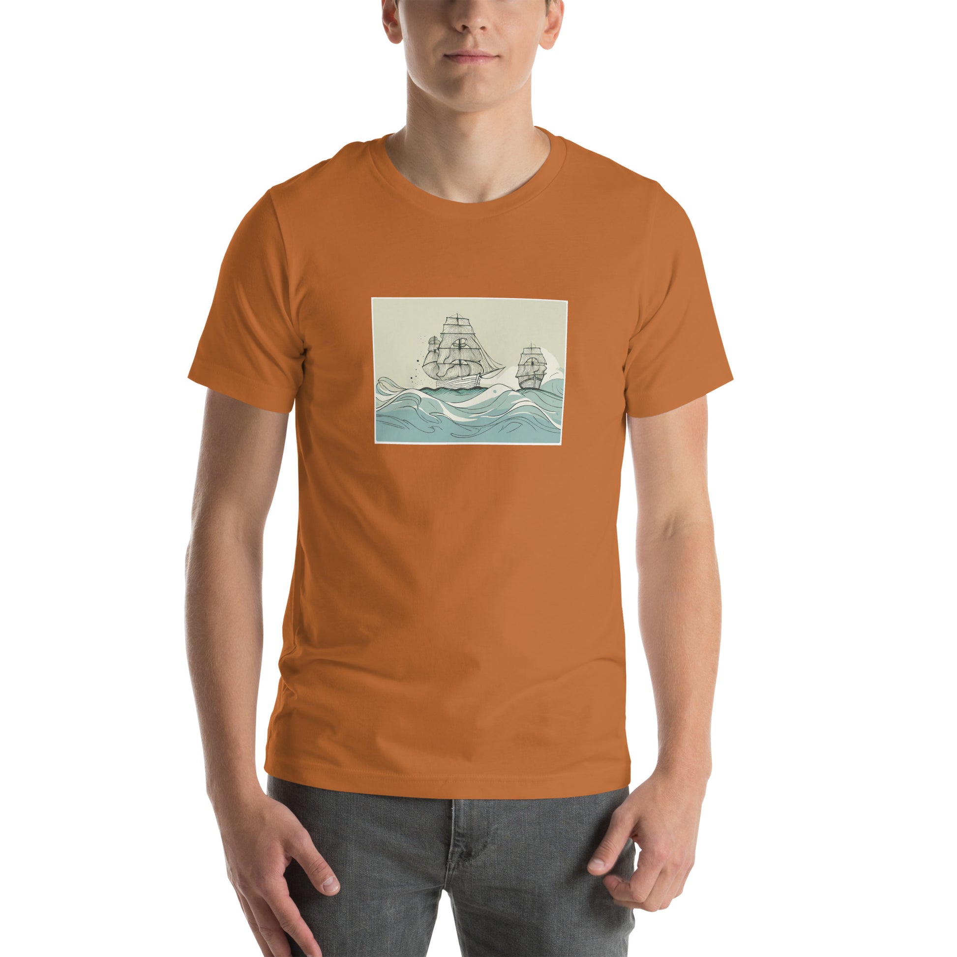 Image of a toast color t-shirt with a stylized AI-generated vintage boat in ocean scene design.