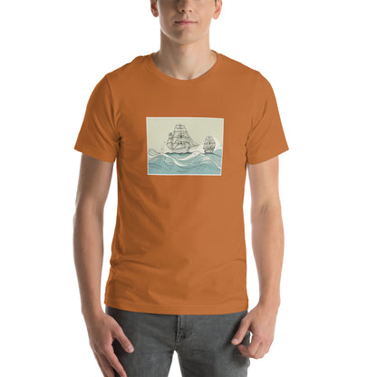 Image of a toast color t-shirt with a stylized AI-generated vintage boat in ocean scene design.