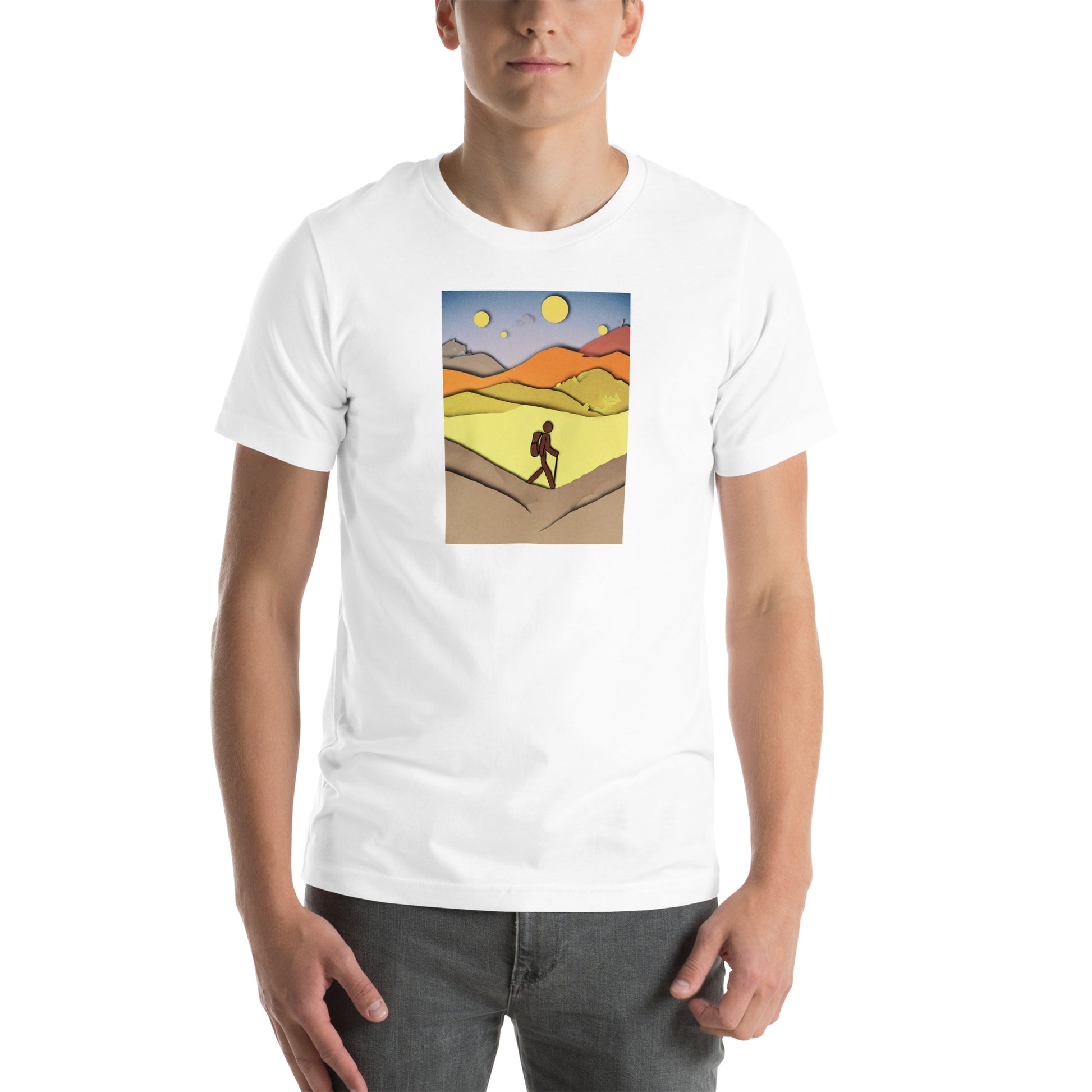 Image of a white t-shirt with a stylized AI-generated desert hiker scene design.