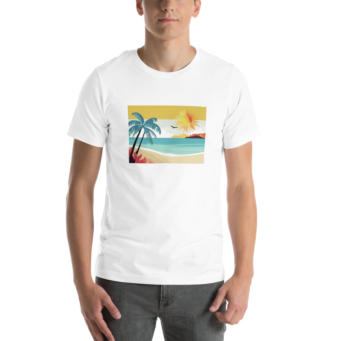 Image of a white t-shirt with a stylized AI-generated beach scene design.