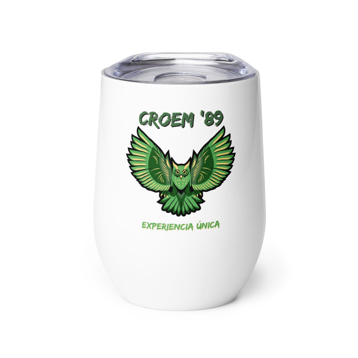 Image of a white wine tumbler with a green stylized owl and the words 'CROEM 89 experiencia unica'.